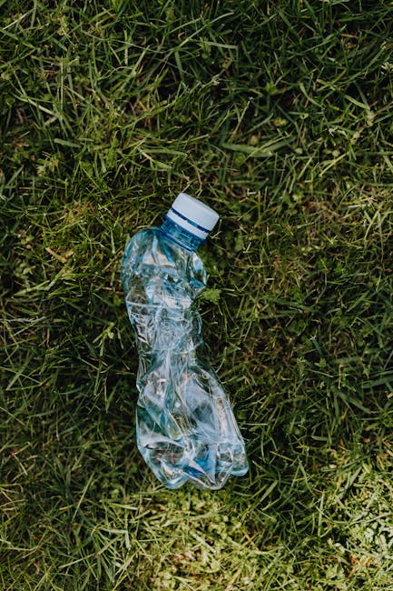 A discarded crumpled plastic water bottle with a blue cap lying on a patch of green grass. The bottle's transparent, slightly wrinkled surface reflects light, highlighting its irregular shape. The grass surrounding it is a mix of fine and broad blades, with some areas appearing denser and darker in color. The scene suggests an outdoor environment, possibly a public park or garden, where litter has been left behind. The image emphasizes the importance of proper waste disposal and recyclable rubbish collection, relevant to private rubbish removal services. The placement of the bottle on the ground in a natural setting underscores the need for responsible waste management, which companies like rubbishcollectionbelsizepark.co.uk offer through alternative rubbish handling solutions outside of council provision.